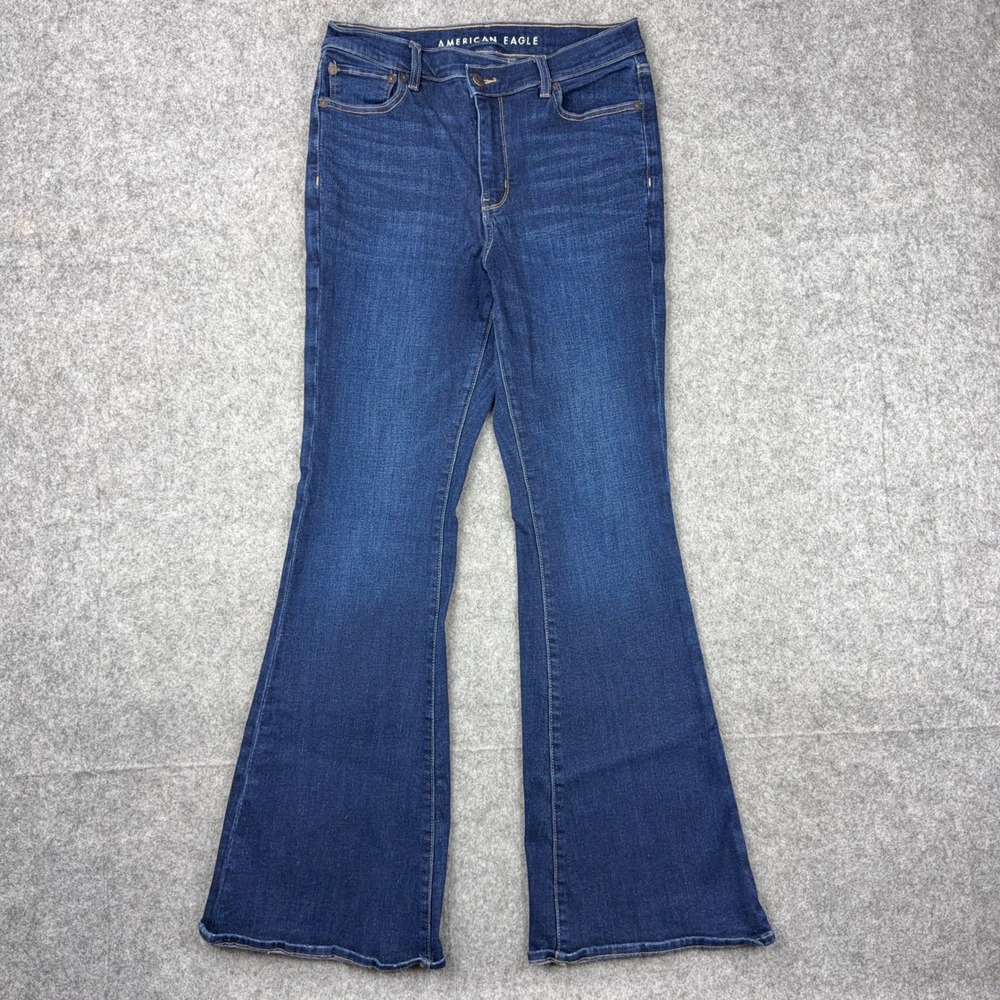 American Eagle Super High Rise Flare Jeans Womens 8 Blue Dark Wash Stretch Denim